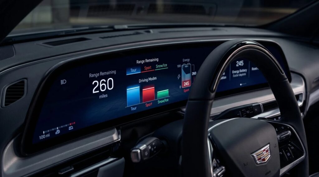 Do the driving modes in Cadillac Lyriq offer different ranges or battery usages?